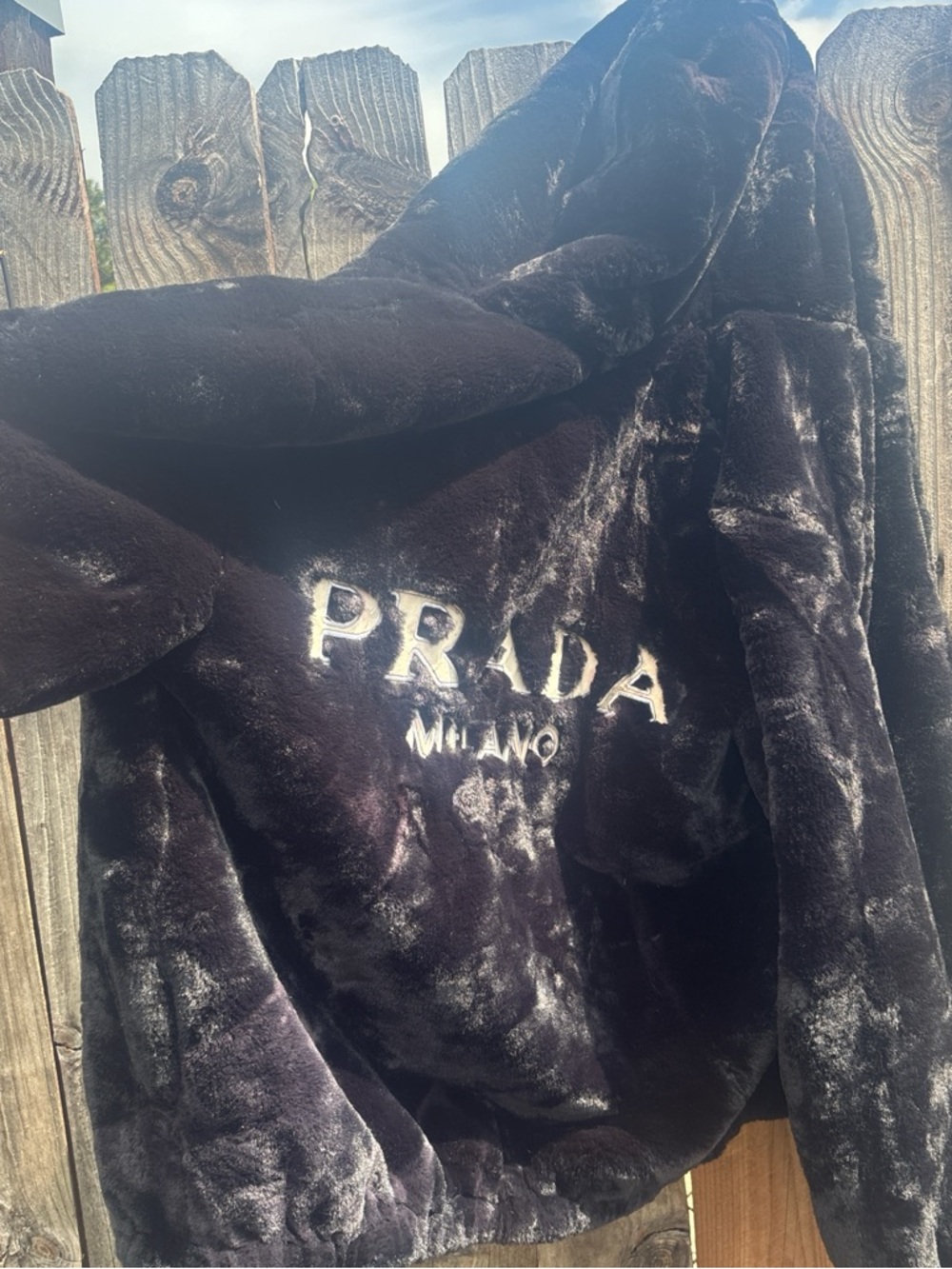 Prada Black Faux Fur Trim Coat with Embroidered Label